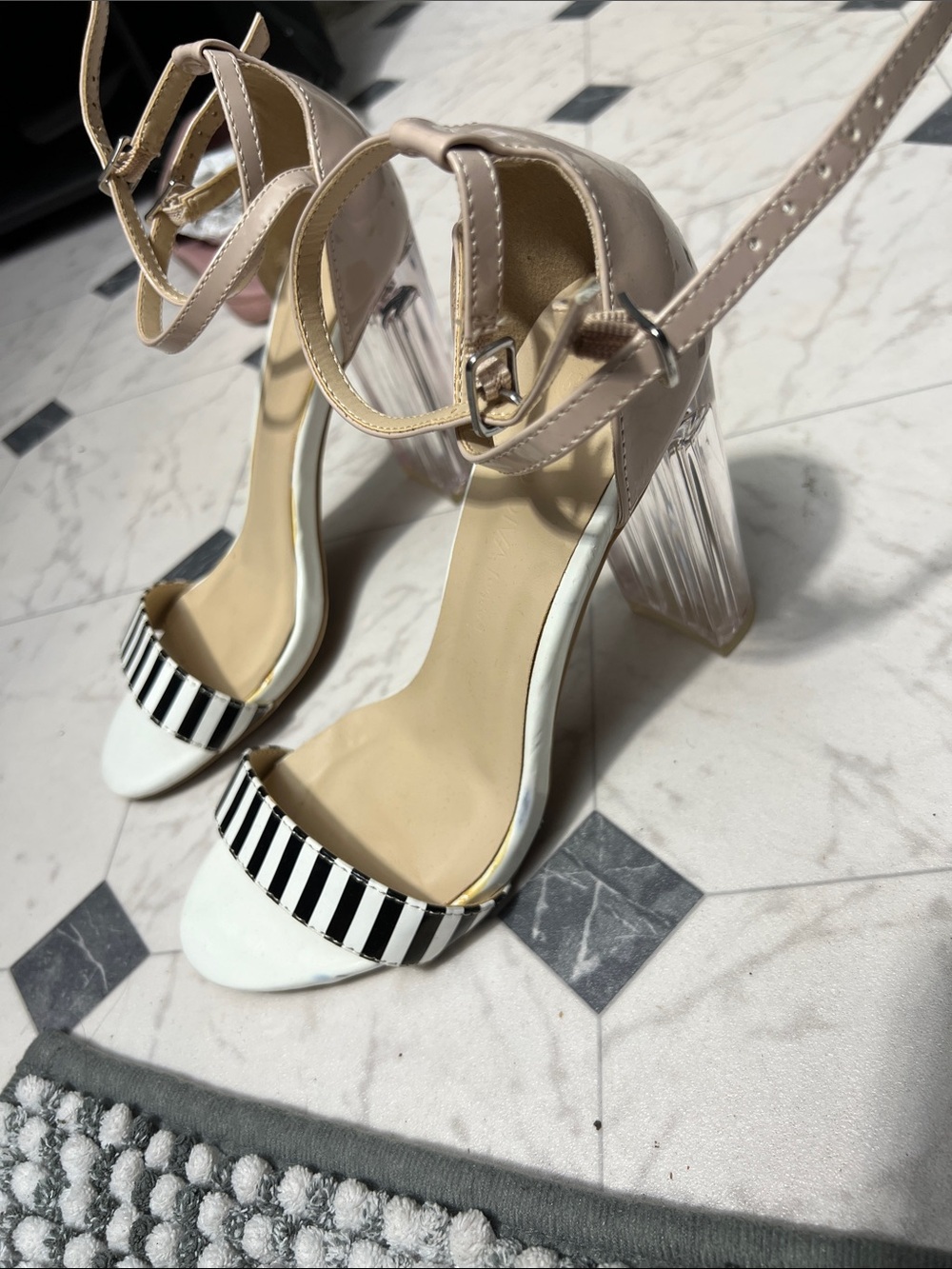 Wild Diva Nude Ankle Strap Sandals with Black & White Striped Toe